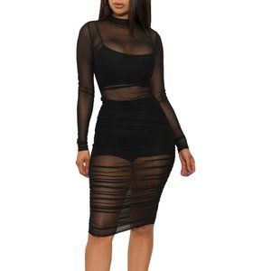 Women Sexy Bodycon Dresses See-Through Sheer Mesh Ruched